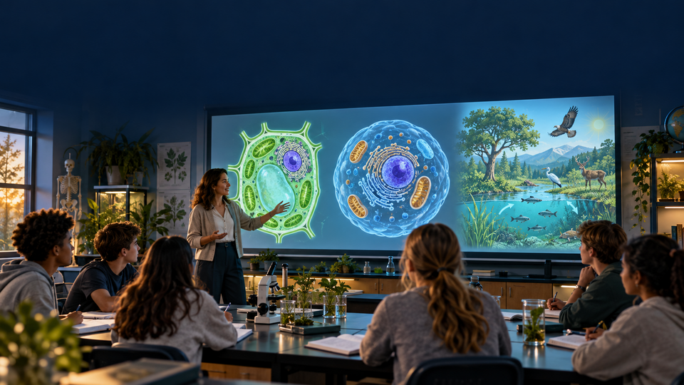 教师在现代教室中使用高中生物学教学课件